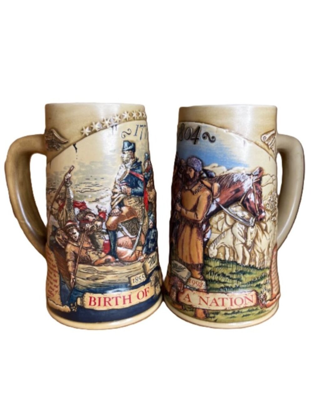 Vintage Miller Brewing Birth of a Nation Beer Steins - Pair of 2 (1776 and 1804)